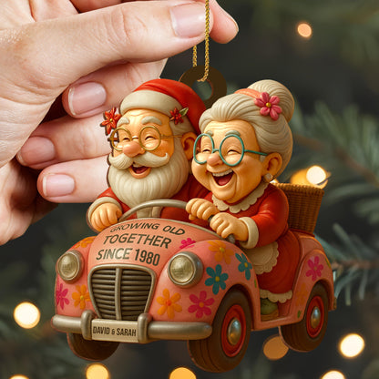 Growing Old Together, Elderly Couple In Vintage Car - Personalized Custom Wood Ornament, Custom Shaped - CPL764_WDO