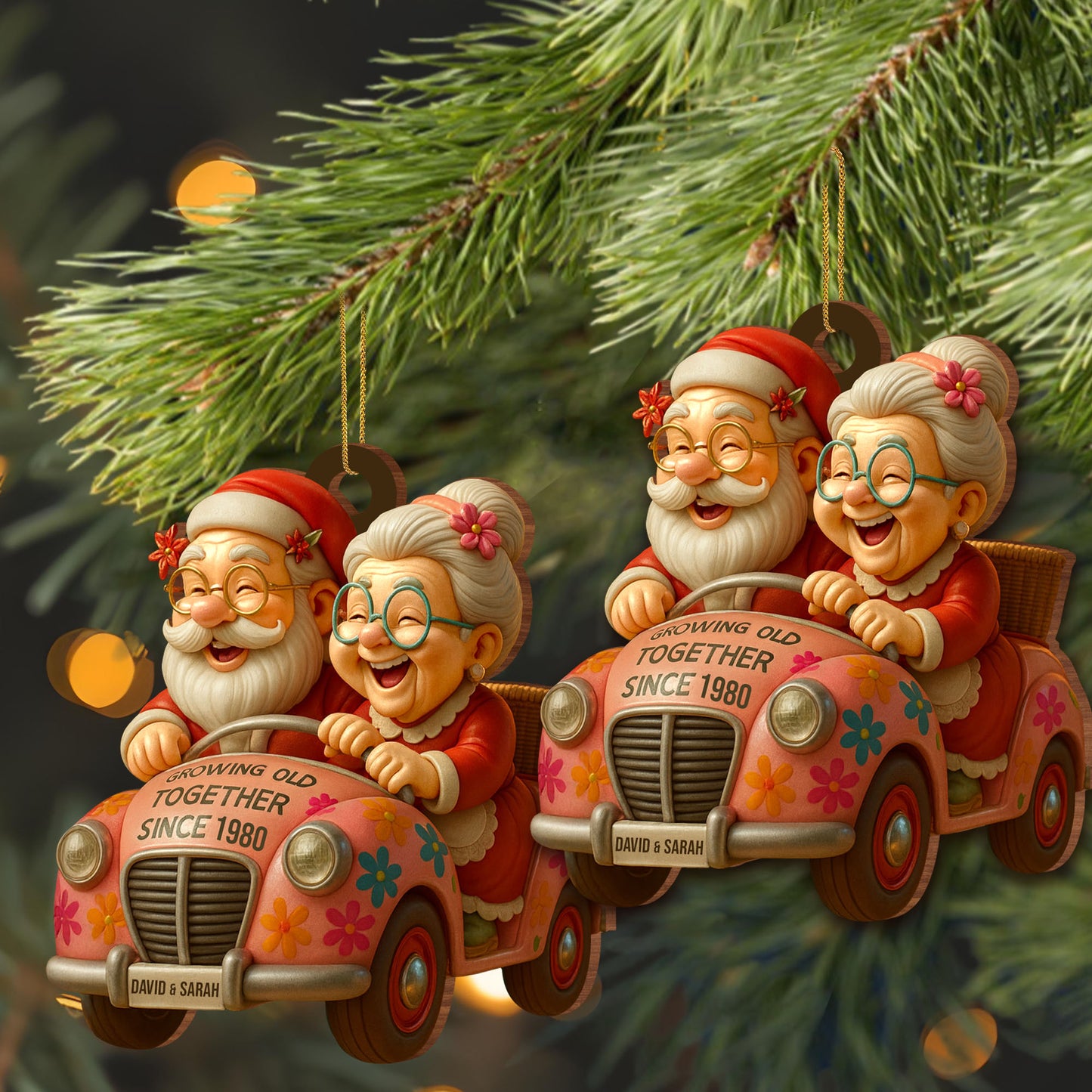 Growing Old Together, Elderly Couple In Vintage Car - Personalized Custom Wood Ornament, Custom Shaped - CPL764_WDO