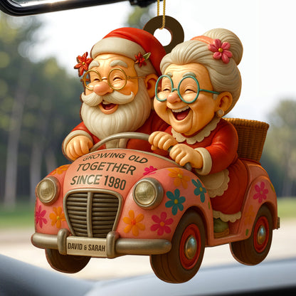 Growing Old Together, Elderly Couple In Vintage Car - Personalized Custom Wood Ornament, Custom Shaped - CPL764_WDO