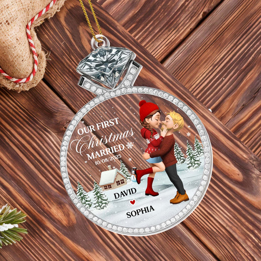 Our First Christmas Married, Couple And Snow Design