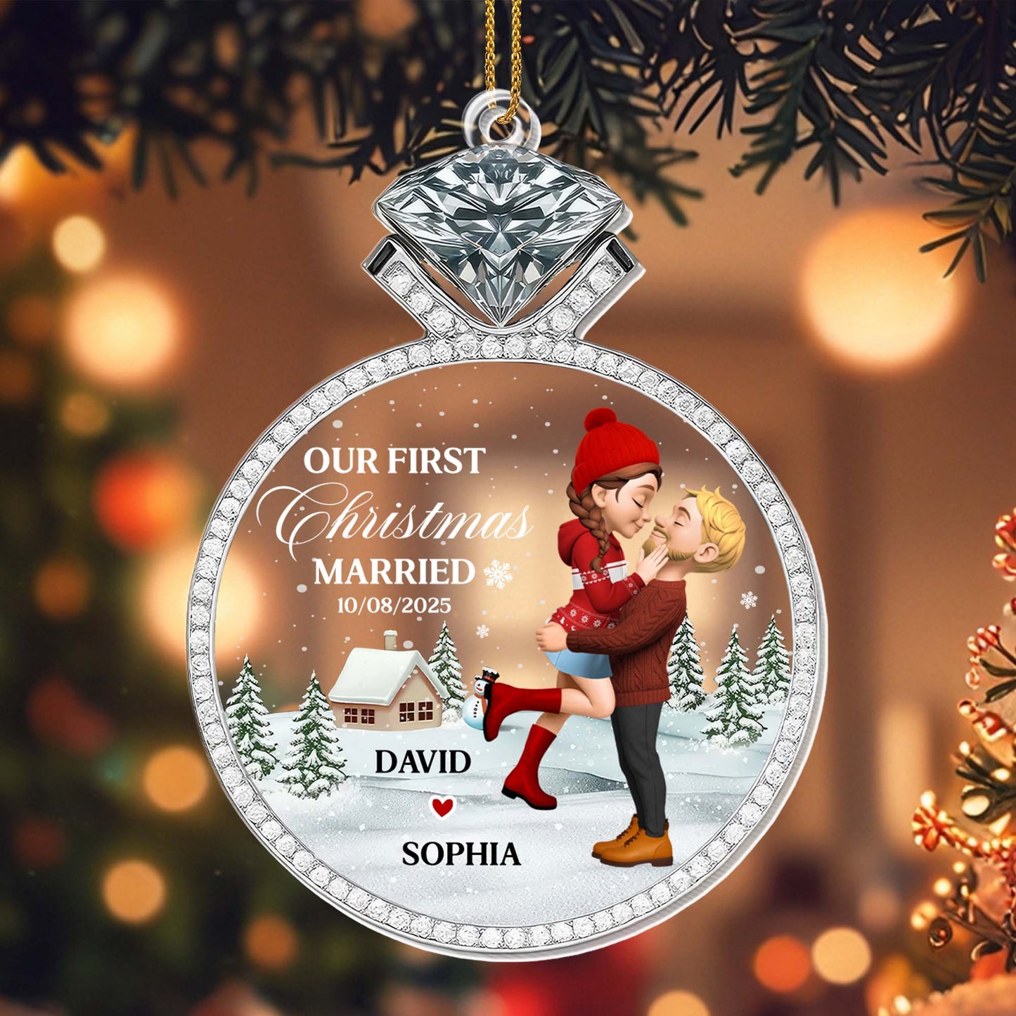 Our First Christmas Married, Couple And Snow Design