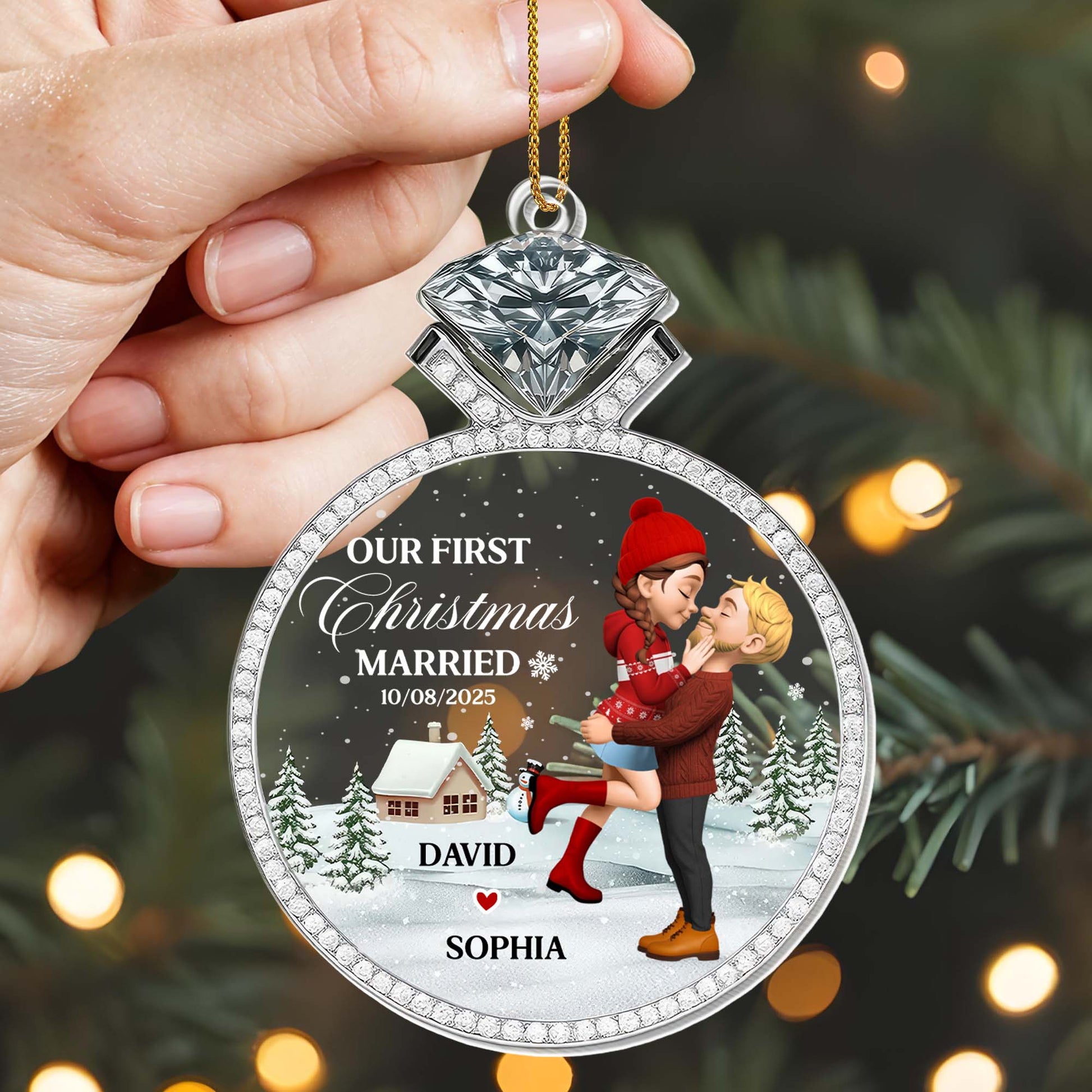 Our First Christmas Married, Couple And Snow Design