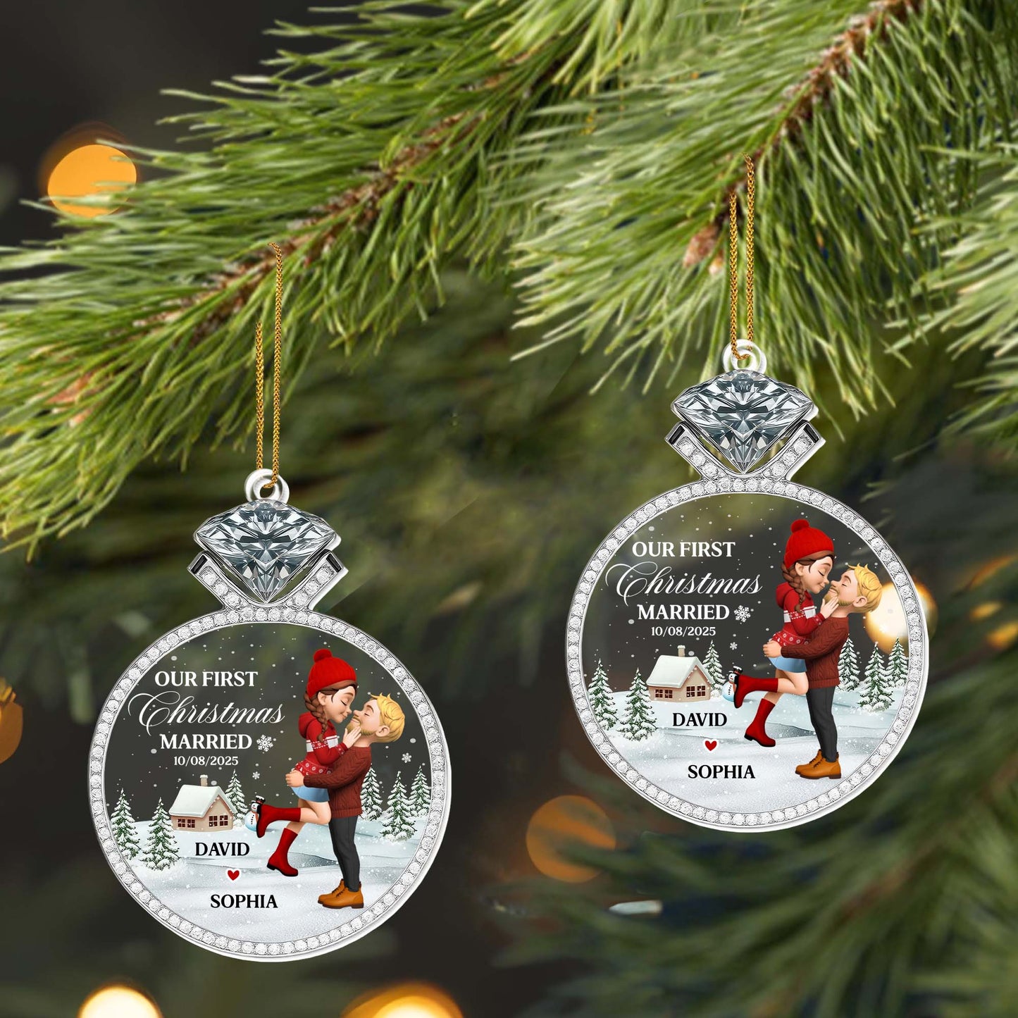 Our First Christmas Married, Couple And Snow Design