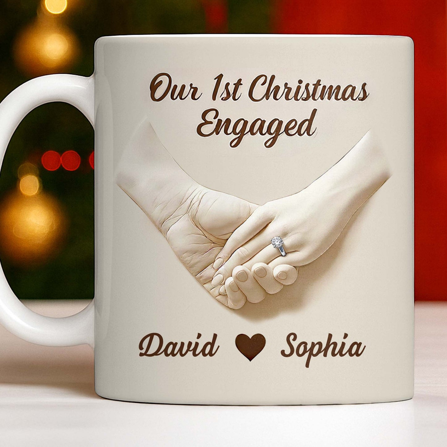Our 1st Christmas Engaged, Hands Holding With Ring - Personalized Custom Coffee Mug - CPL773_MG