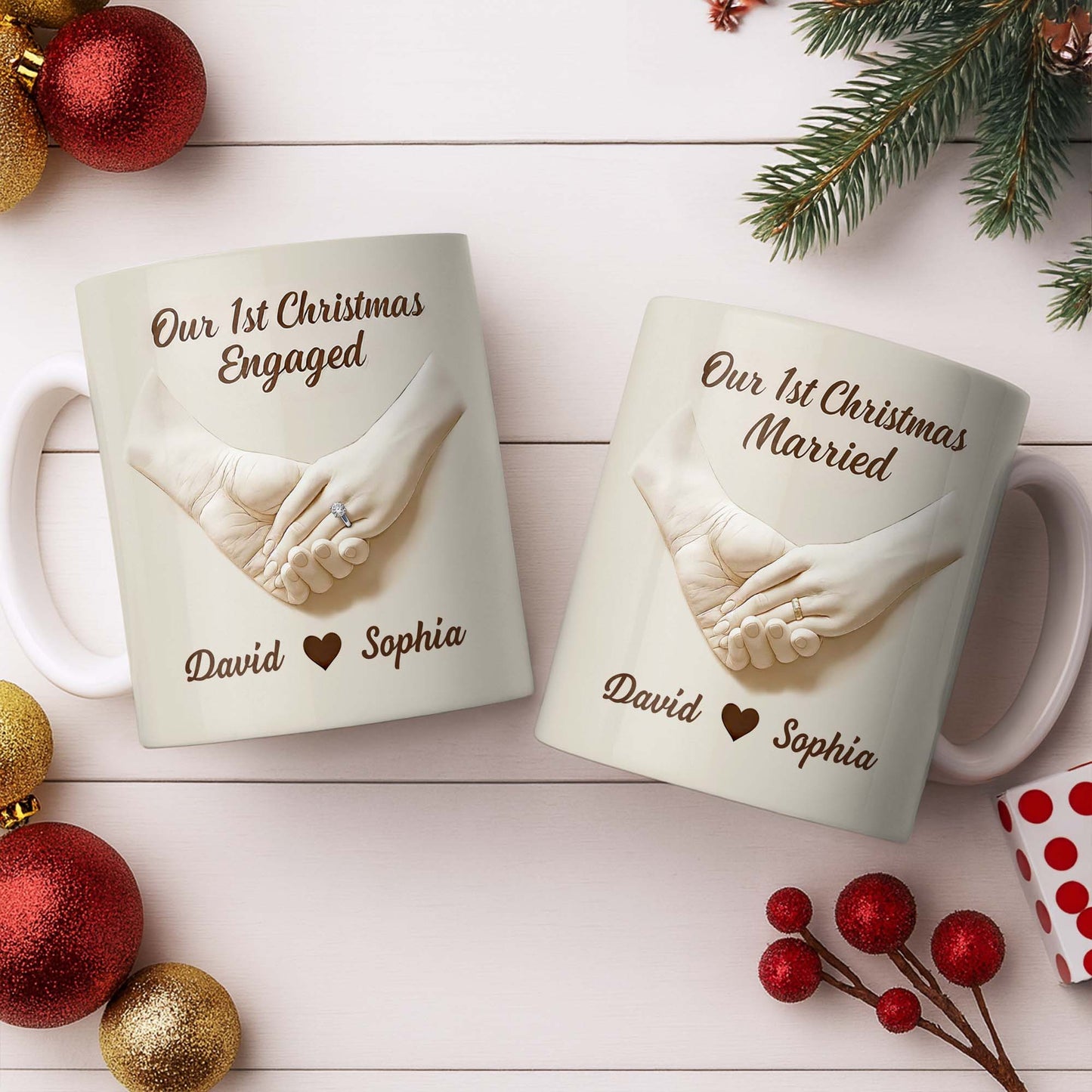 Our 1st Christmas Engaged, Hands Holding With Ring - Personalized Custom Coffee Mug - CPL773_MG