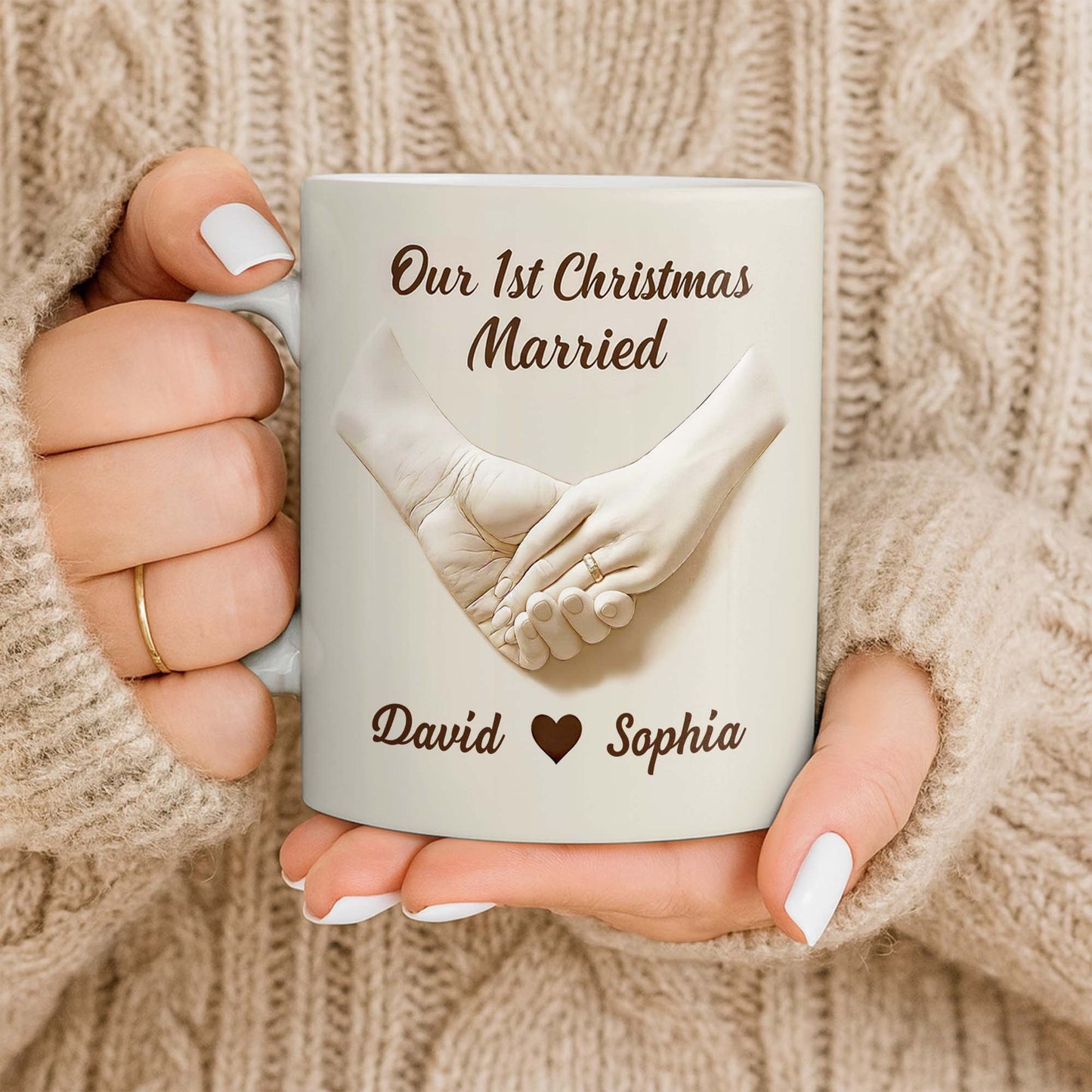 Our 1st Christmas Engaged, Hands Holding With Ring - Personalized Custom Coffee Mug - CPL773_MG