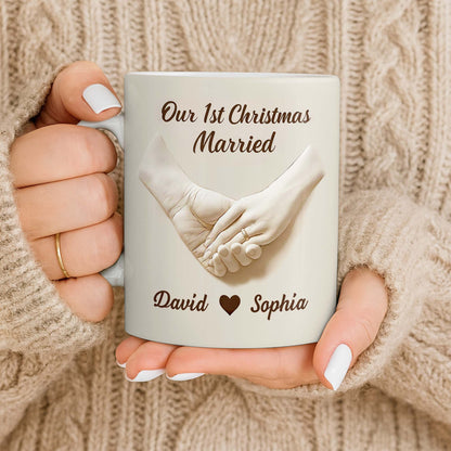 Our 1st Christmas Engaged, Hands Holding With Ring - Personalized Custom Coffee Mug - CPL773_MG