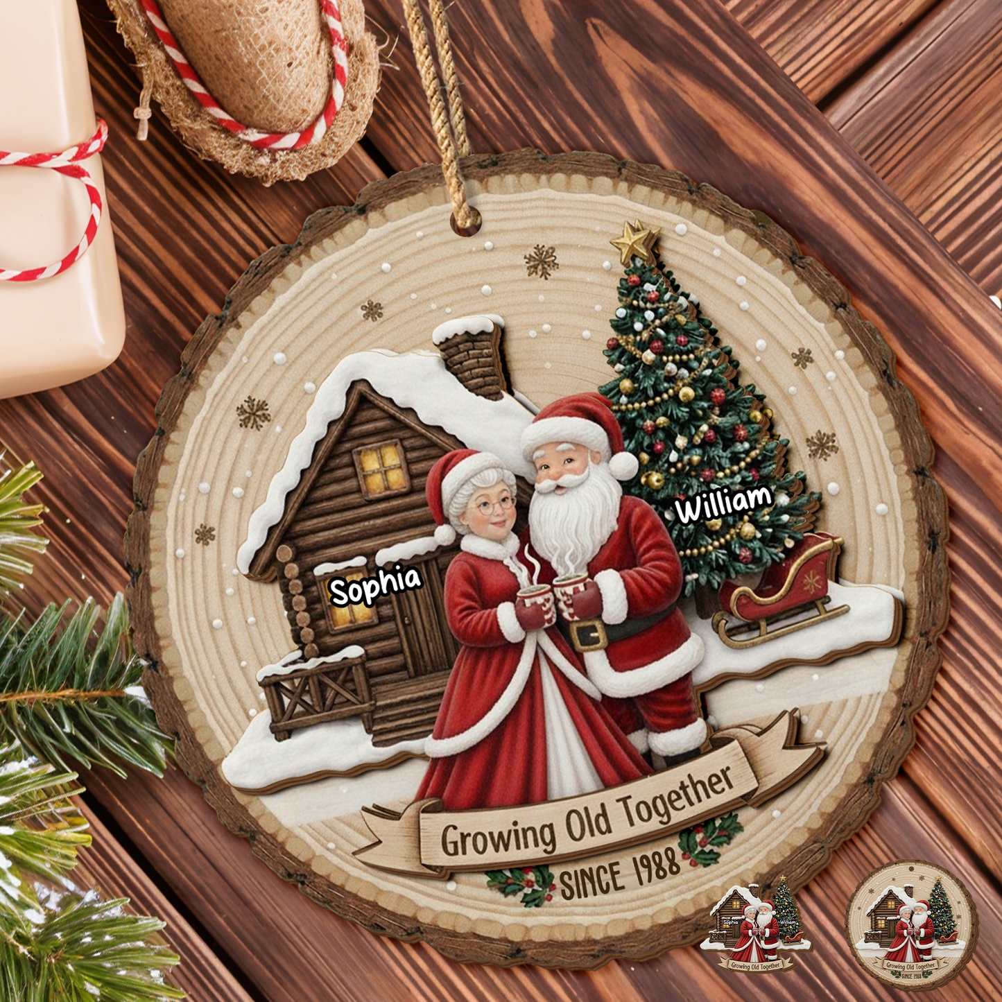 Growing Old Together, Christmas Tree And Wooden Cabin - Personalized Double Layer Wood Ornament - CPL775_DWO