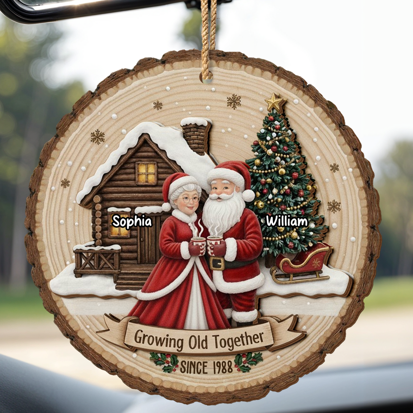Growing Old Together, Christmas Tree And Wooden Cabin - Personalized Double Layer Wood Ornament - CPL775_DWO