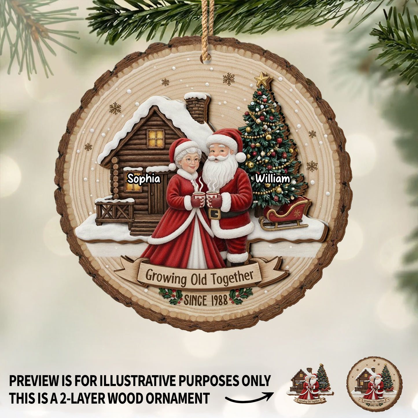 Growing Old Together, Christmas Tree And Wooden Cabin - Personalized Double Layer Wood Ornament - CPL775_DWO