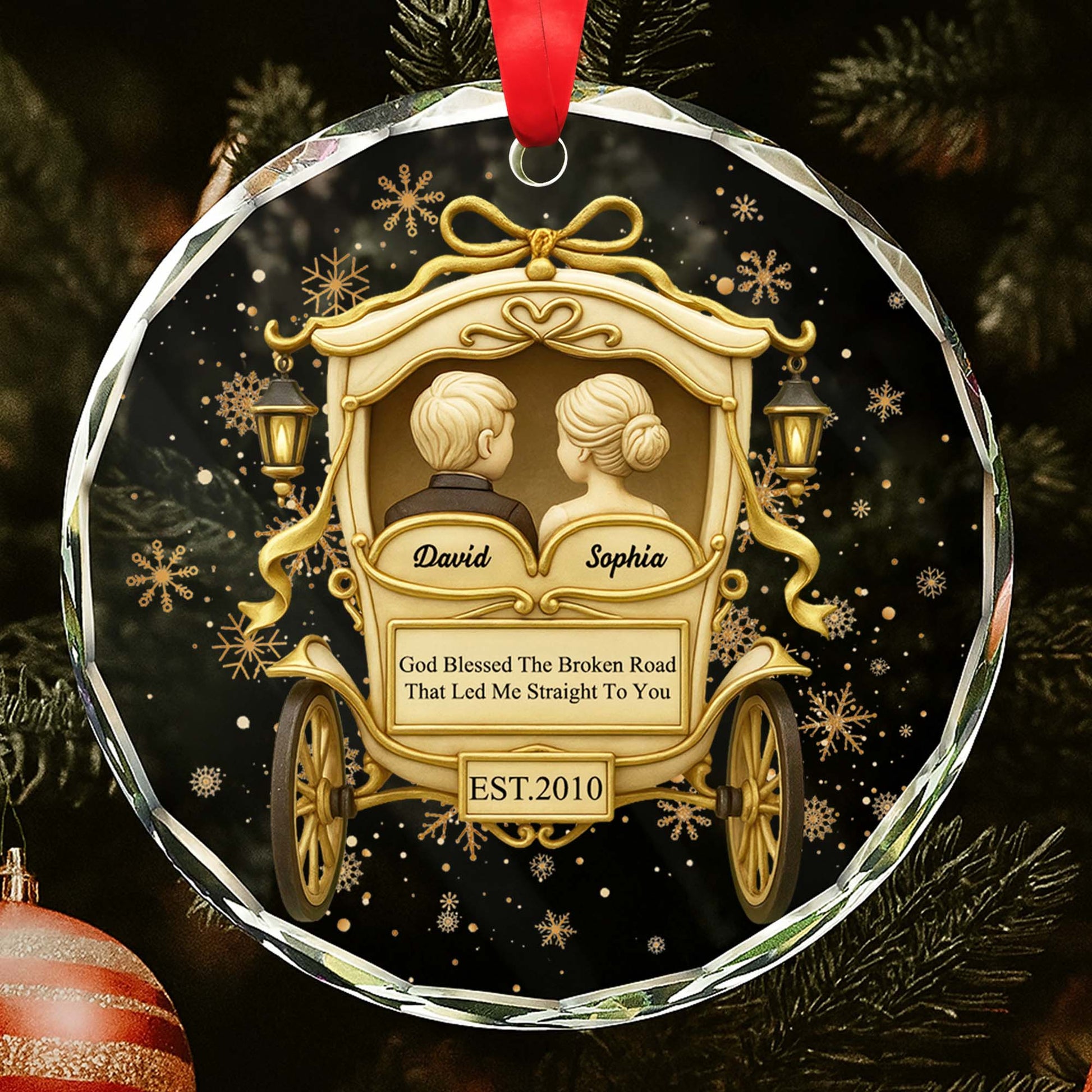 God Blessed The Broken Road, Carriage And Snowflakes Design