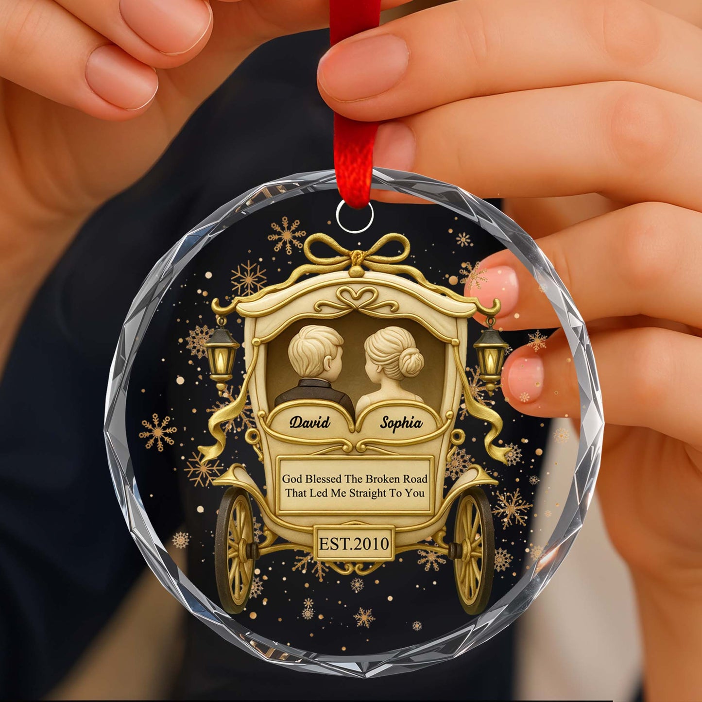 God Blessed The Broken Road, Carriage And Snowflakes Design