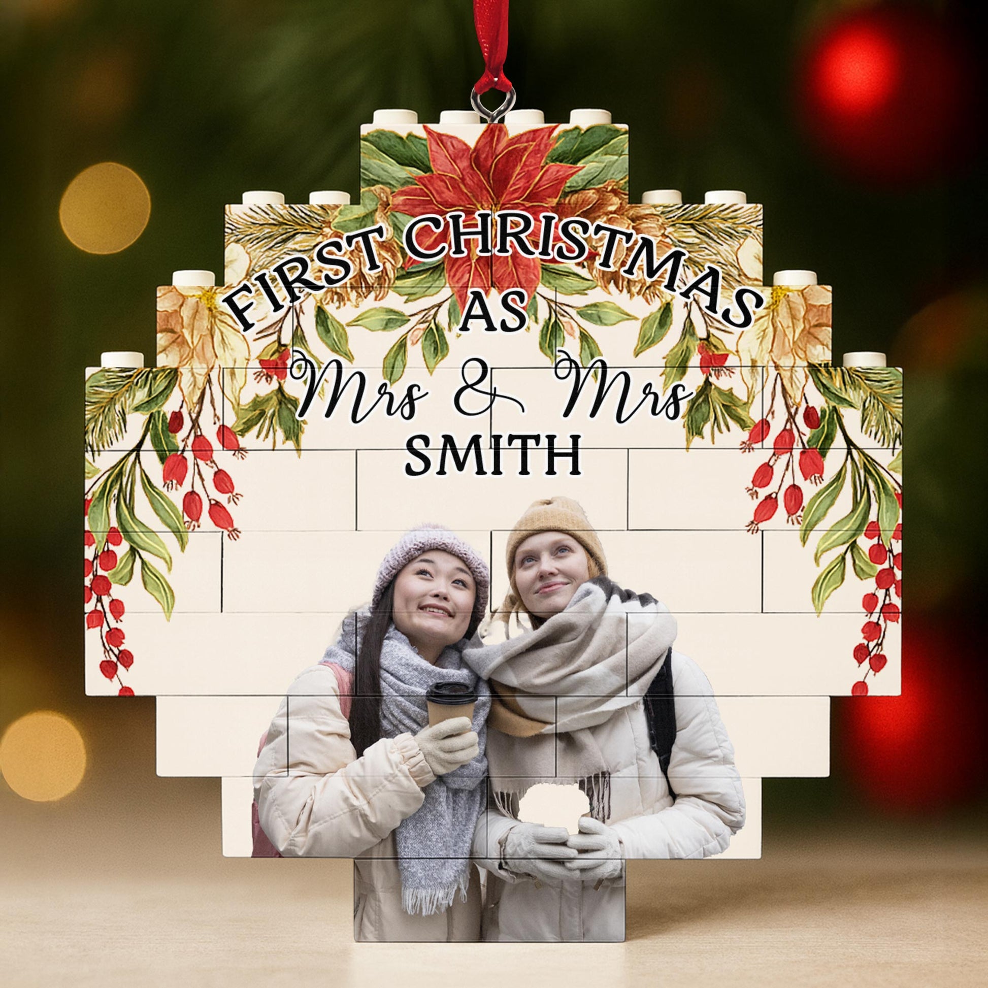 First Christmas As Mr. & Mr. With Poinsettias And Holly Berries