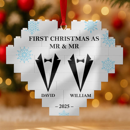 First Christmas As Mr & Mr With Snowflakes And Tuxedos - Personalized Custom Heart Puzzle Ornament - CPL821_HBO
