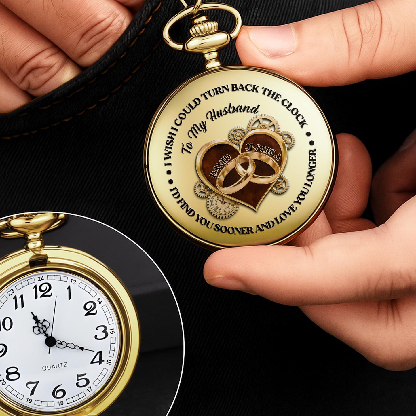 I Wish I Could Turn Back The Clock, Heart And Rings - Personalized Custom Pocket Watch - CPL835_GWATCH