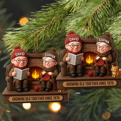 Growing Old Together Since, Elderly Couple And Dog By Fireplace