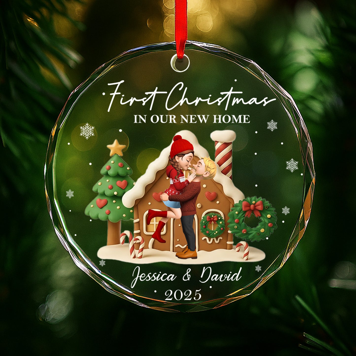 First Christmas In Our New Home, Christmas Tree And Candy Cane - Personalized Custom Circle Glass Ornament - CPL837_CGOR