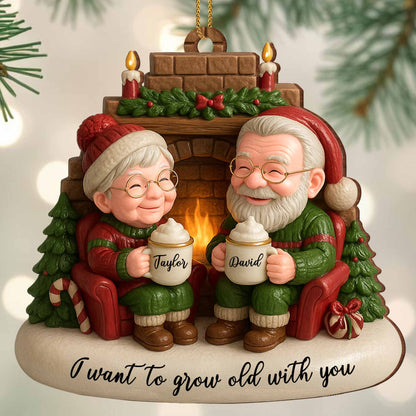 I Want To Grow Old With You, Elderly Couple By The Fireplace - Personalized Custom Wood Ornament, Custom Shaped - CPL838_WDO