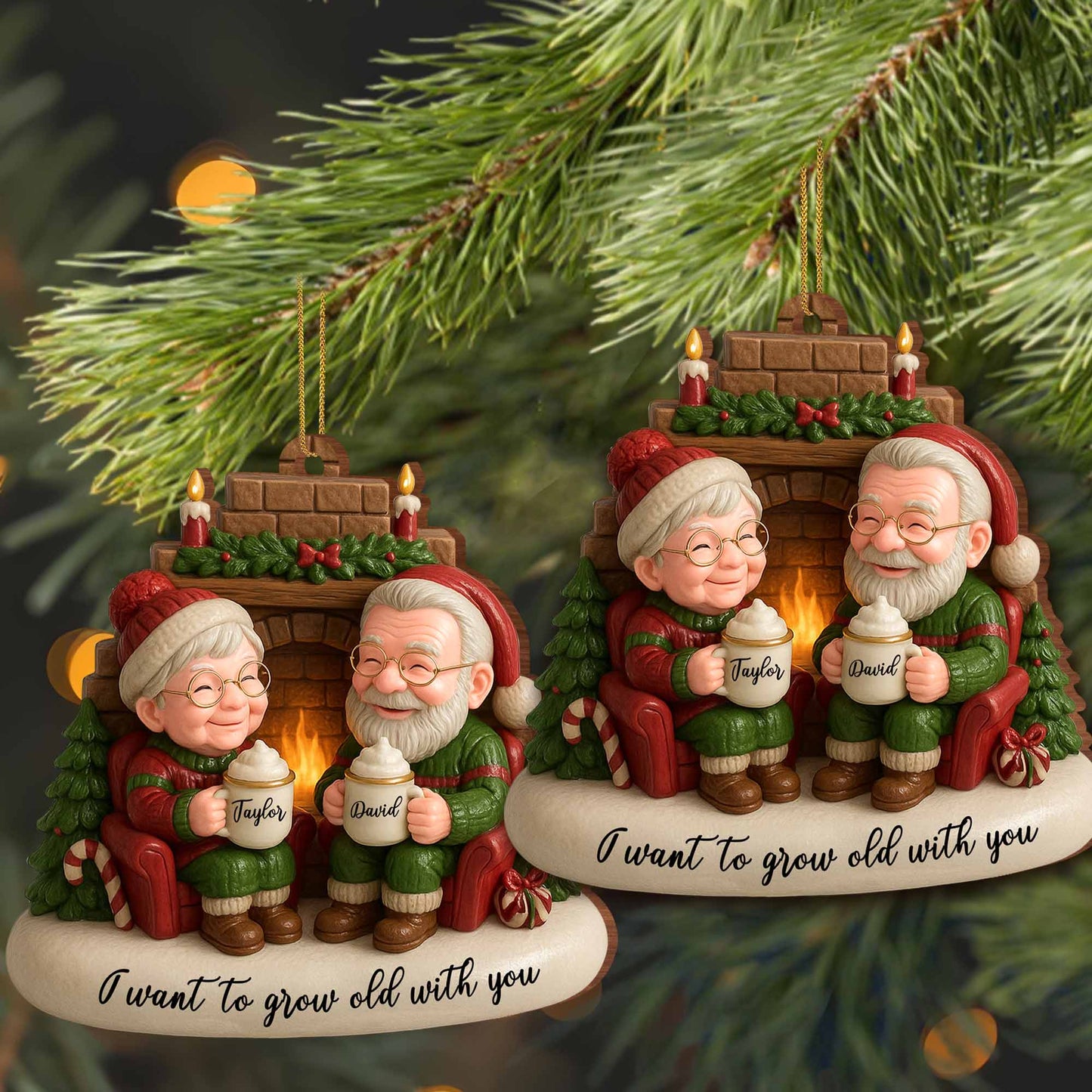 I Want To Grow Old With You, Elderly Couple By The Fireplace - Personalized Custom Wood Ornament, Custom Shaped - CPL838_WDO