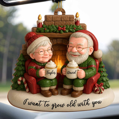 I Want To Grow Old With You, Elderly Couple By The Fireplace - Personalized Custom Wood Ornament, Custom Shaped - CPL838_WDO