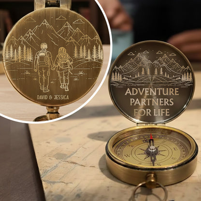 Adventure Partners For Life Mountains And Hiking Couple Engraved Brass Compass - Personalized Engraved Brass Compass - CPL839_ECPASS