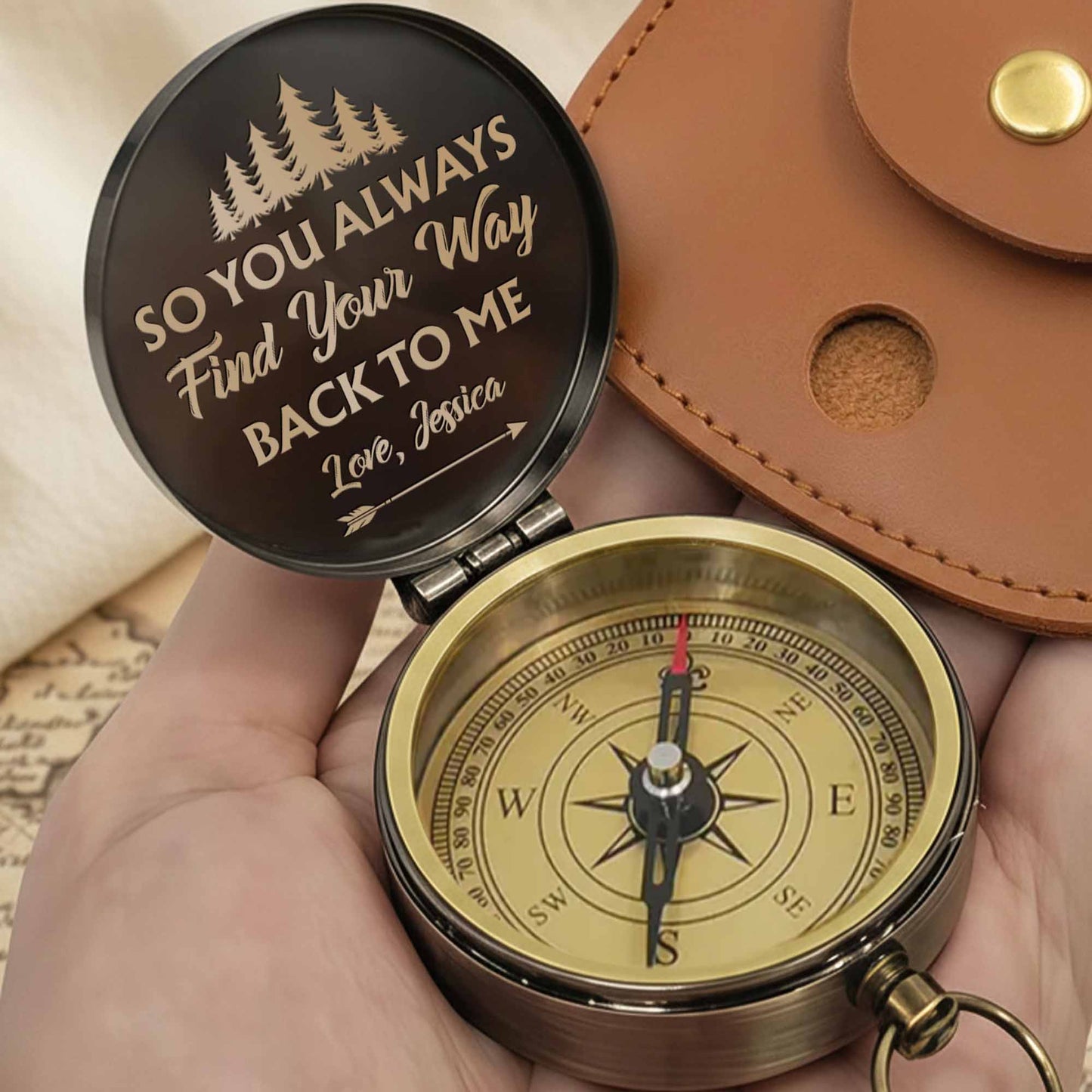 So You Always Find Your Way Back To Me Pinky Swear Heart Pine Trees - Personalized Engraved Brass Compass - CPL840_ECPASS