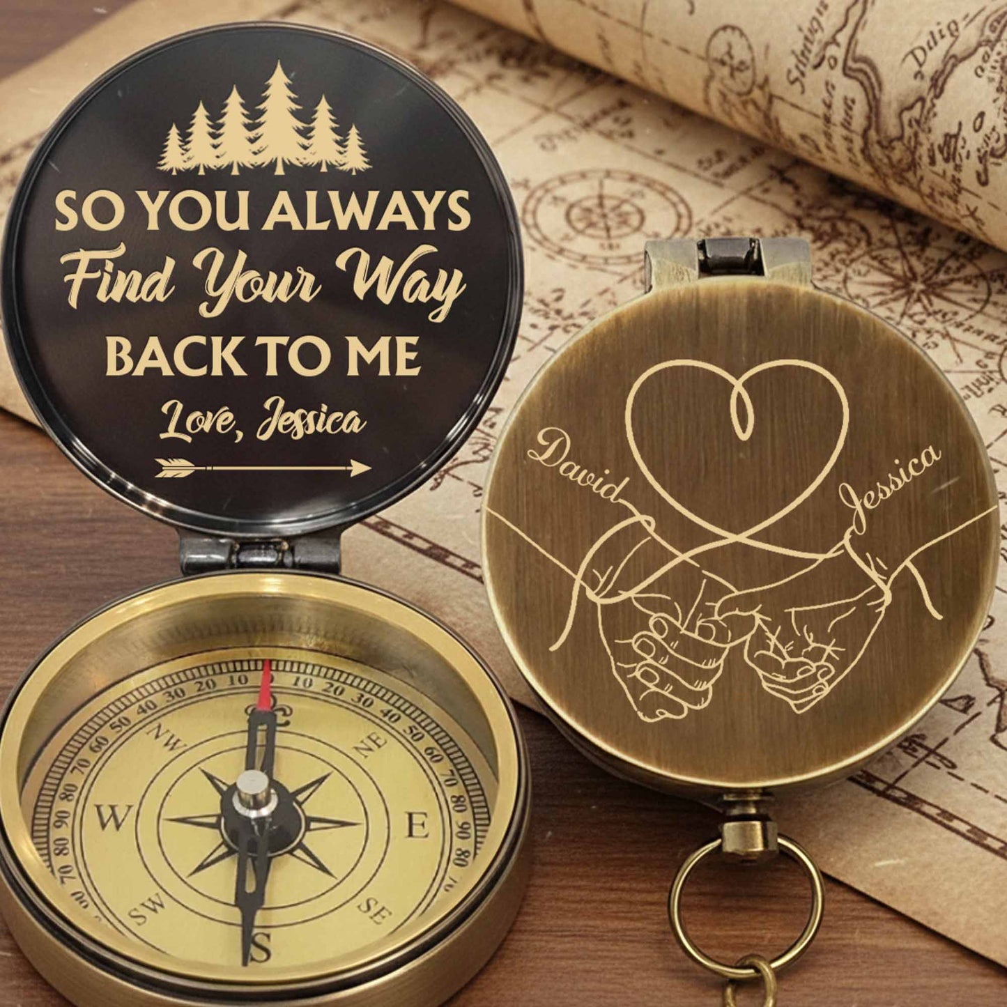 So You Always Find Your Way Back To Me Pinky Swear Heart Pine Trees - Personalized Engraved Brass Compass - CPL840_ECPASS