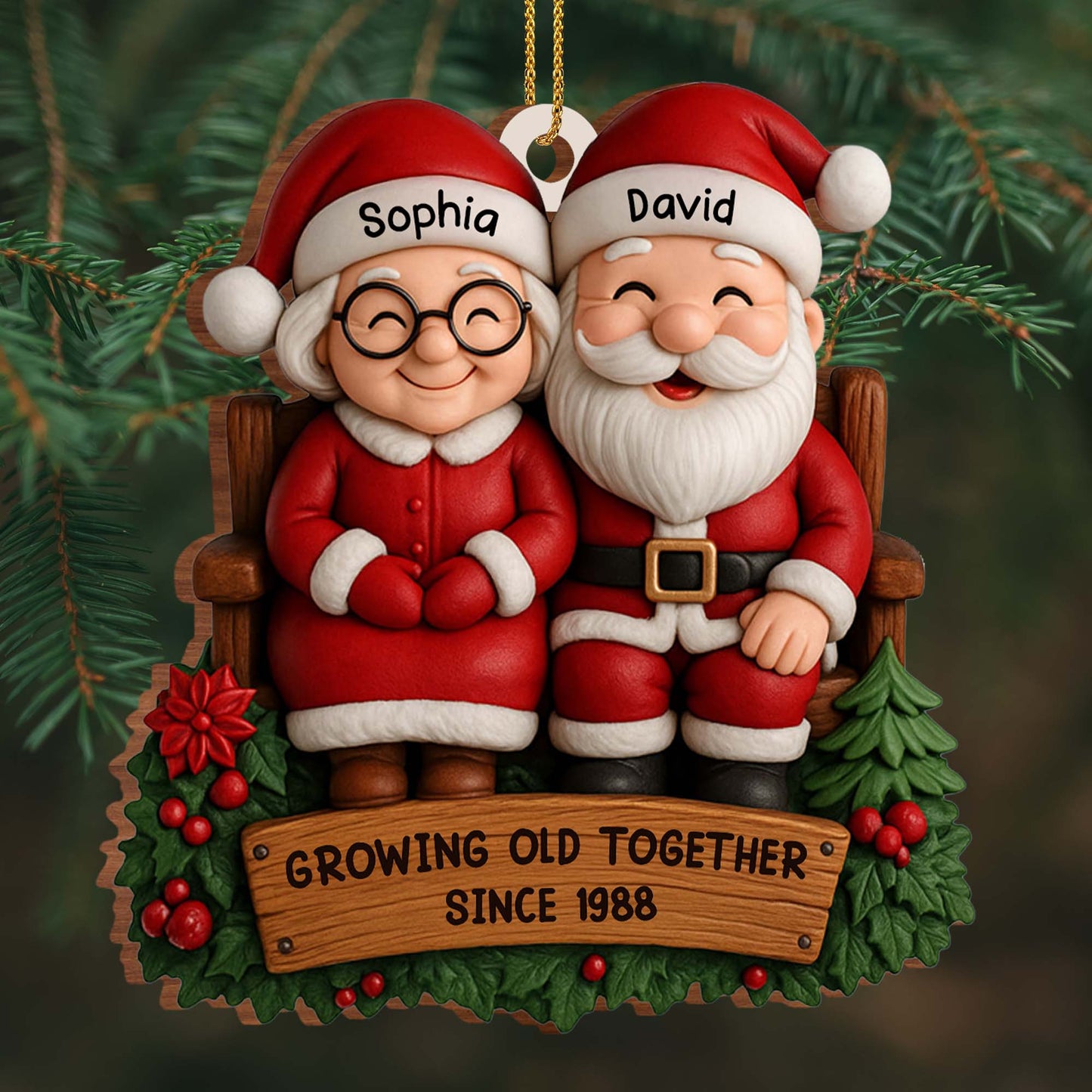 Growing Old Together, Santa Claus Figures With Christmas Holly