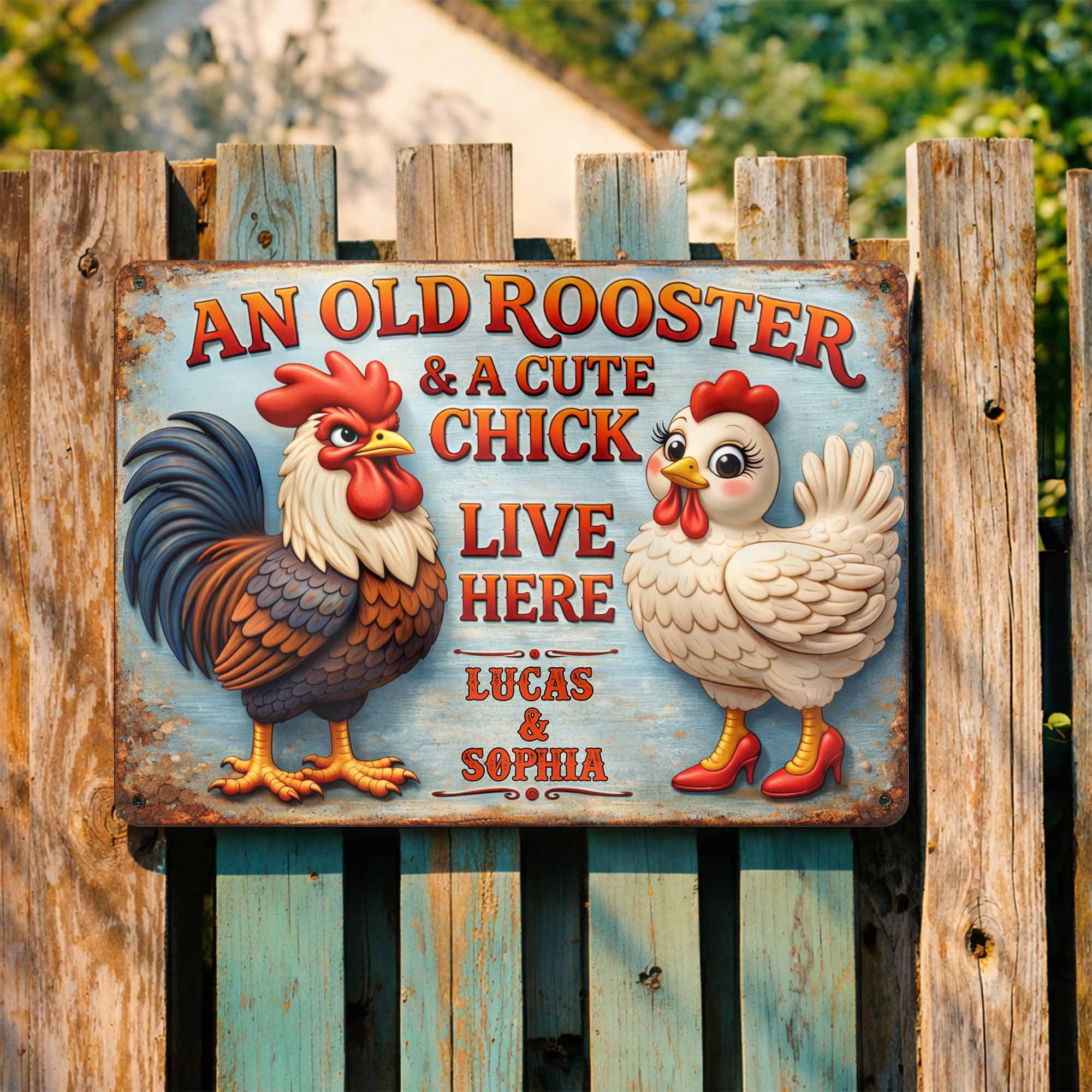An Old Rooster And A Cute Chick Live Here Sign,Personalized Metal Sign ...