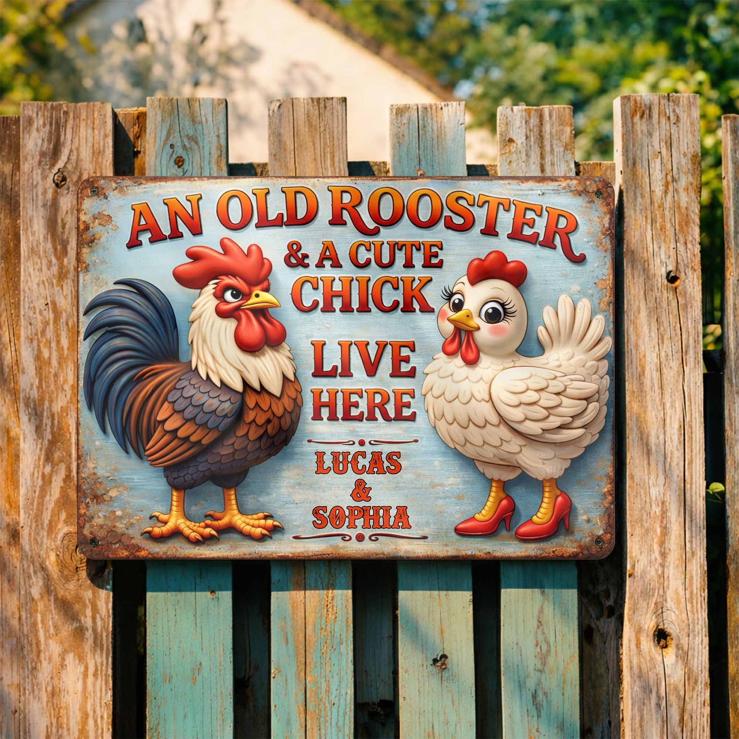 An Old Rooster And A Cute Chick Live Here Sign
