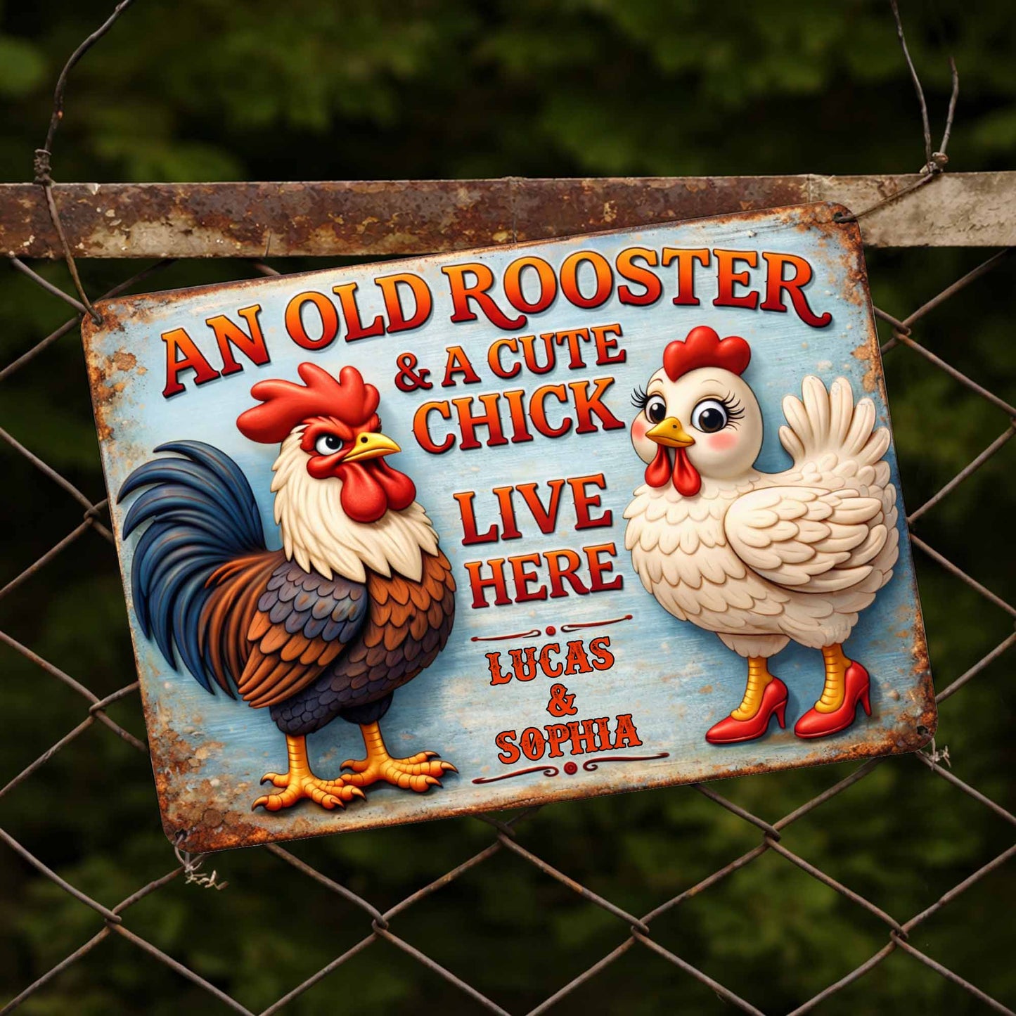 An Old Rooster And A Cute Chick Live Here Sign