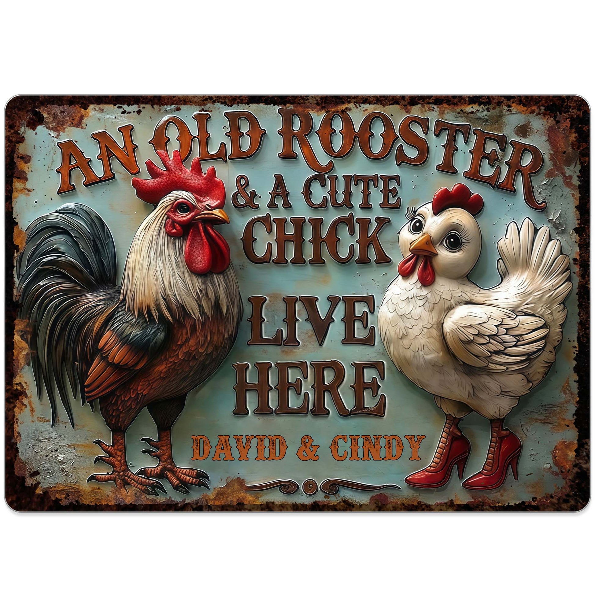 An Old Rooster & A Cute Chick Live Here