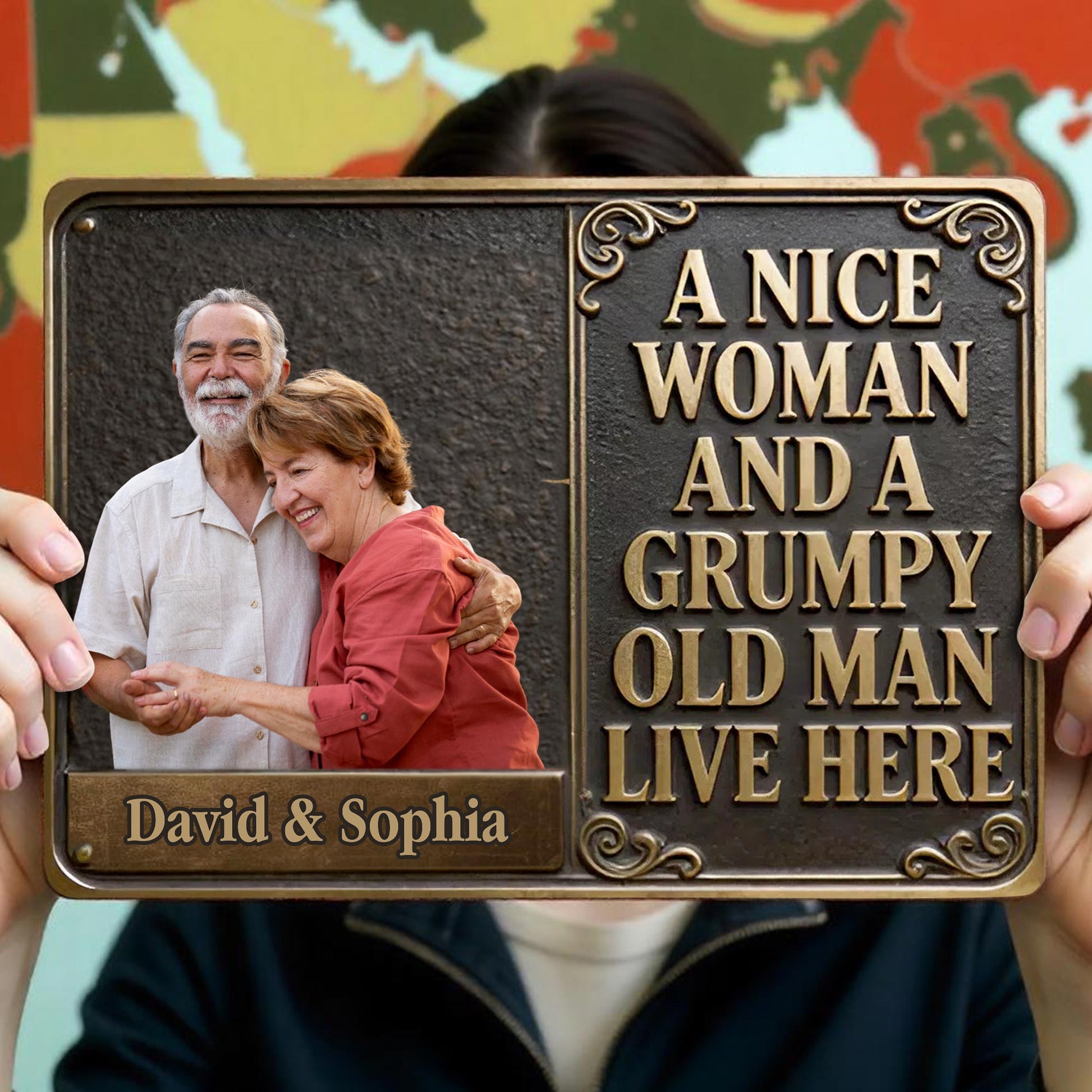 A Nice Woman And A Grumpy Old Man Live Here Scrollwork Sign