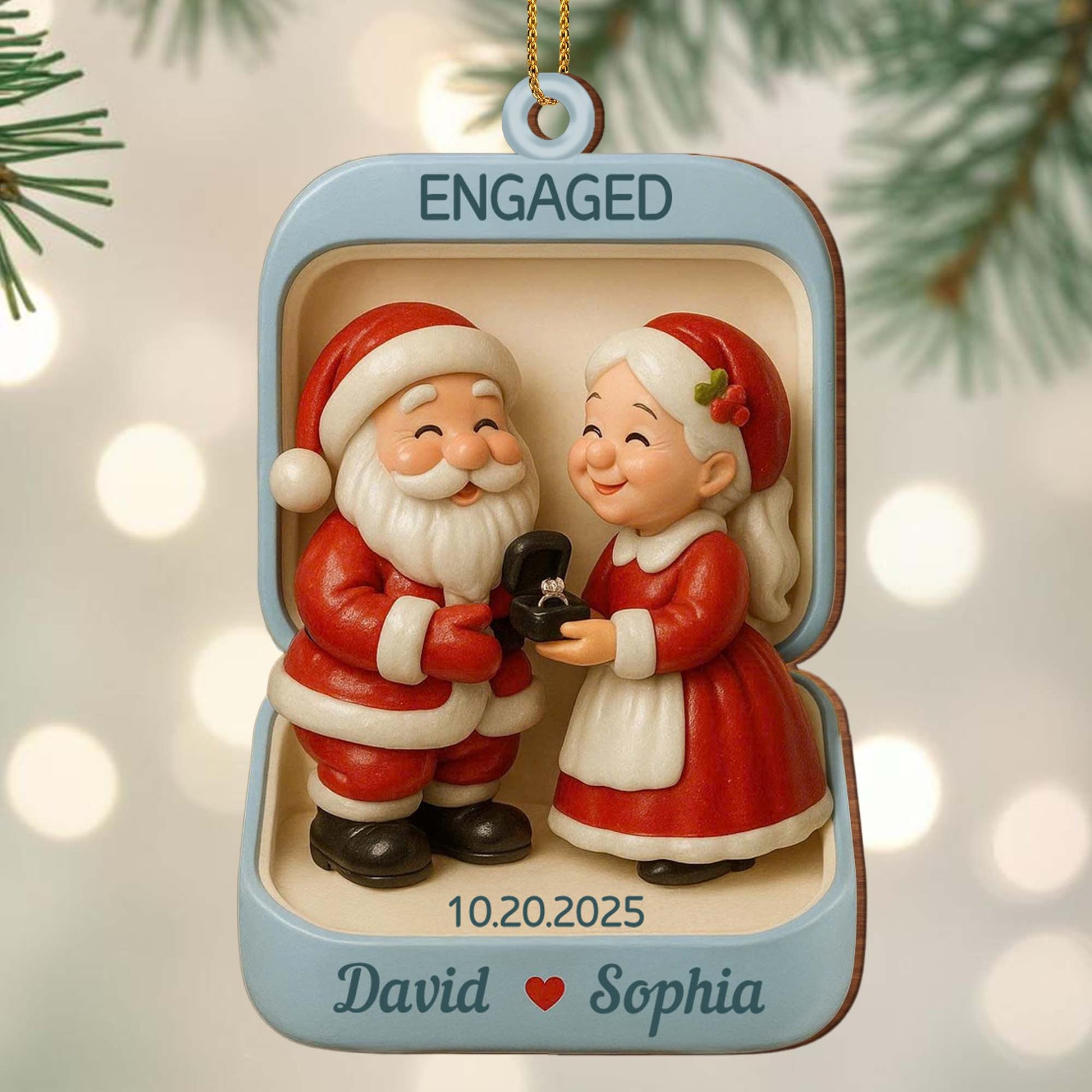 Engagement Christmas Holiday Ornament With Santa Claus Figures