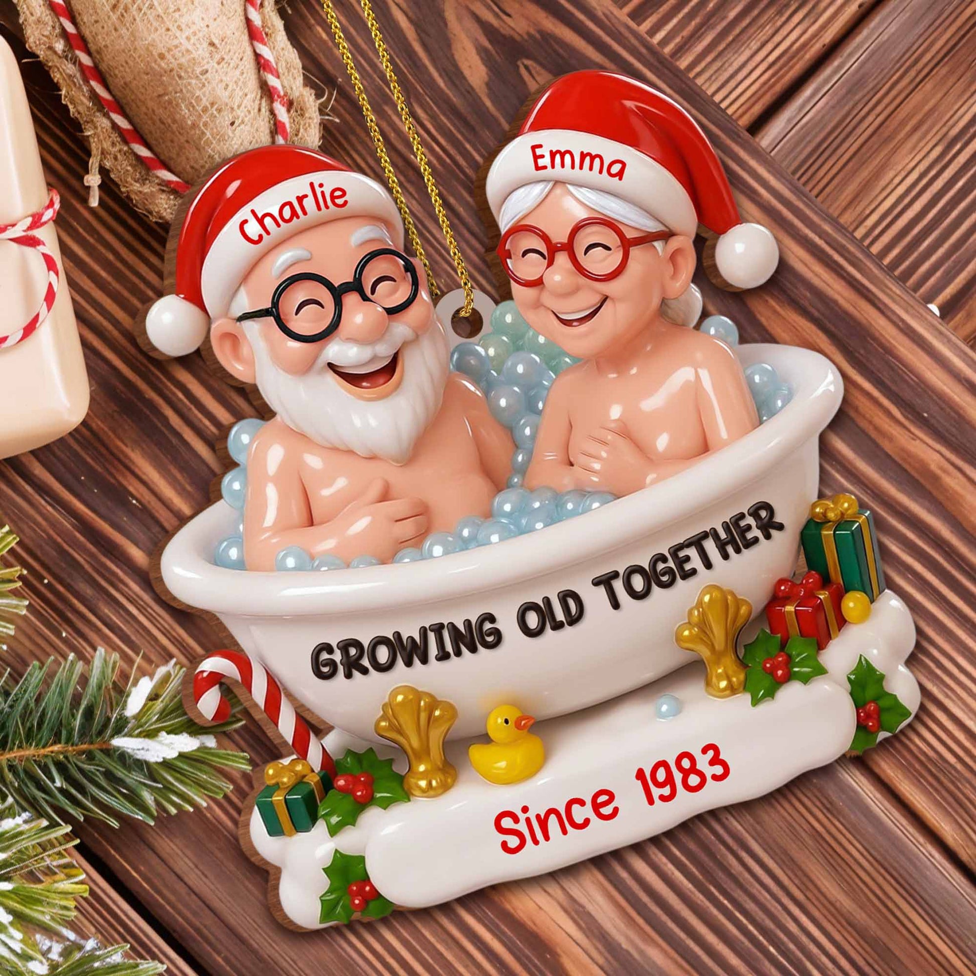 Growing Old Together With Santa Hats And Gifts