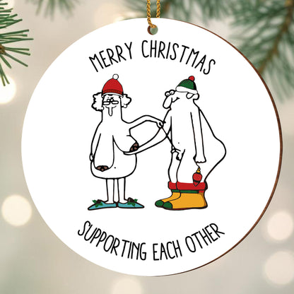 Merry Christmas Supporting Each Other With Santa Hats And Stockings