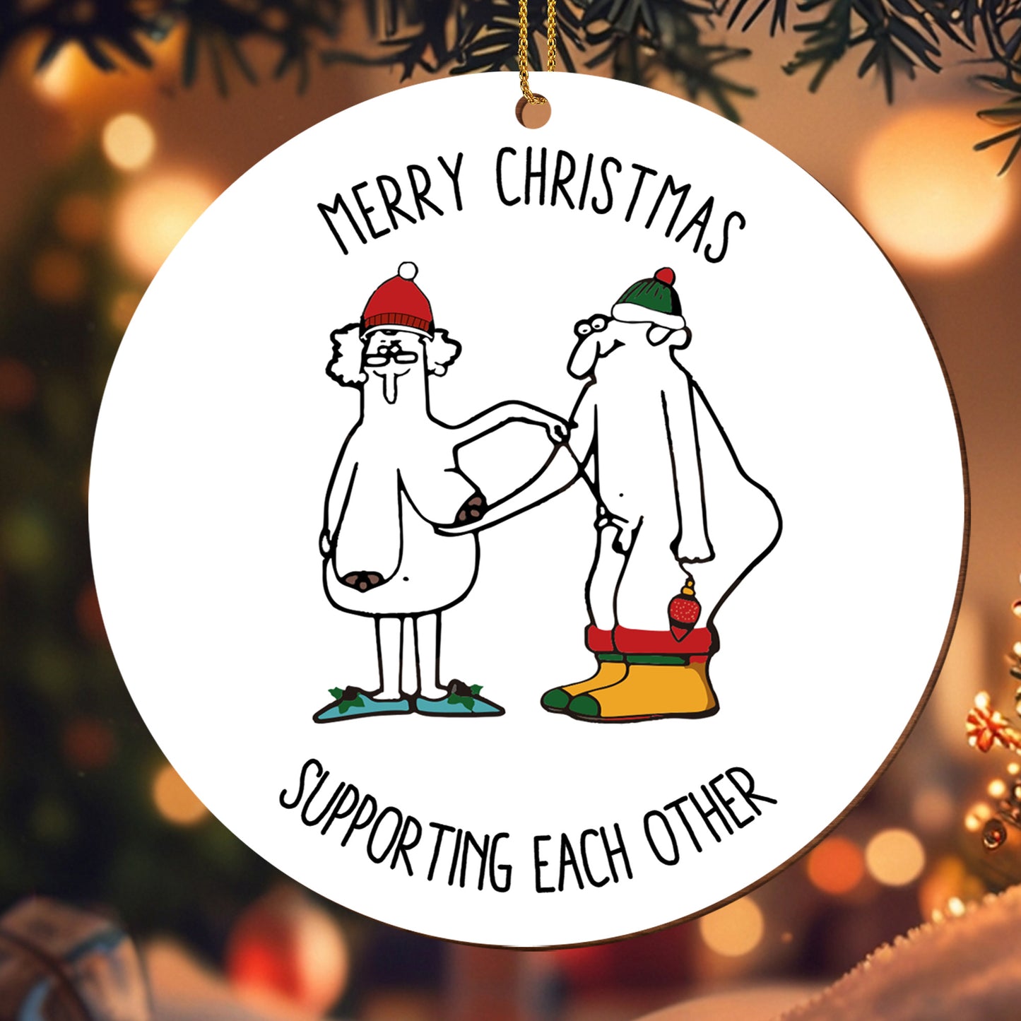 Merry Christmas Supporting Each Other With Santa Hats And Stockings