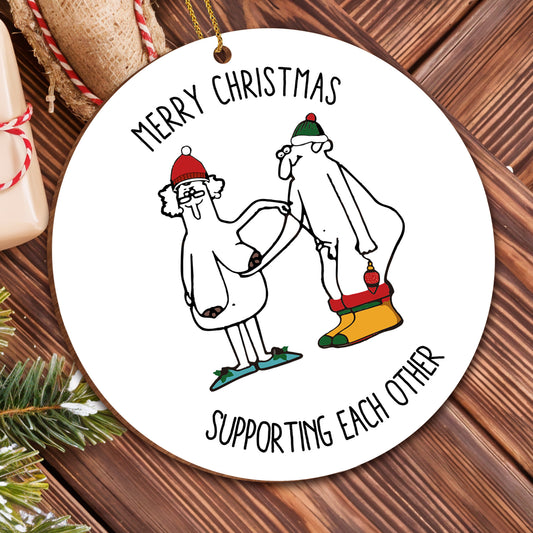 Merry Christmas Supporting Each Other With Santa Hats And Stockings