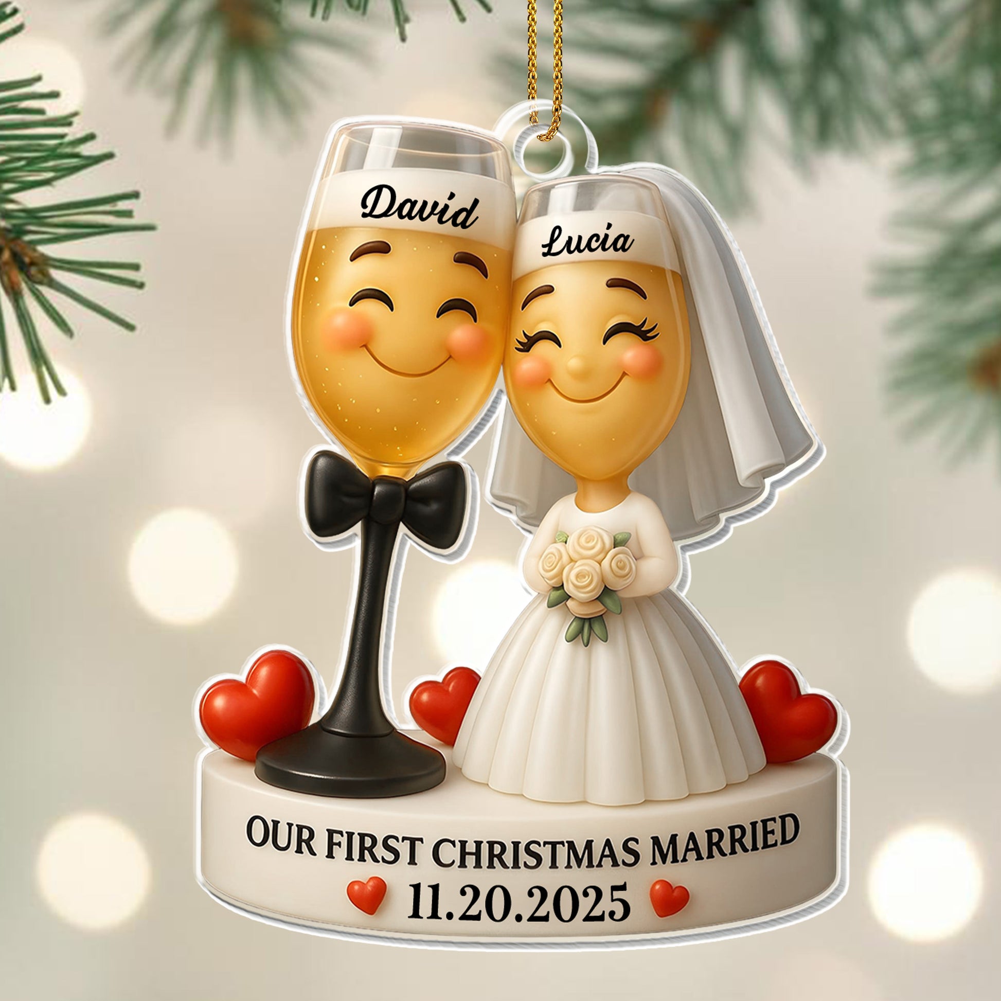 Our First Christmas Married, Wedding Couple With Hearts