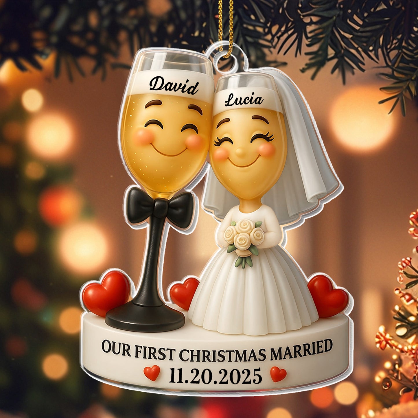 Our First Christmas Married, Wedding Couple With Hearts