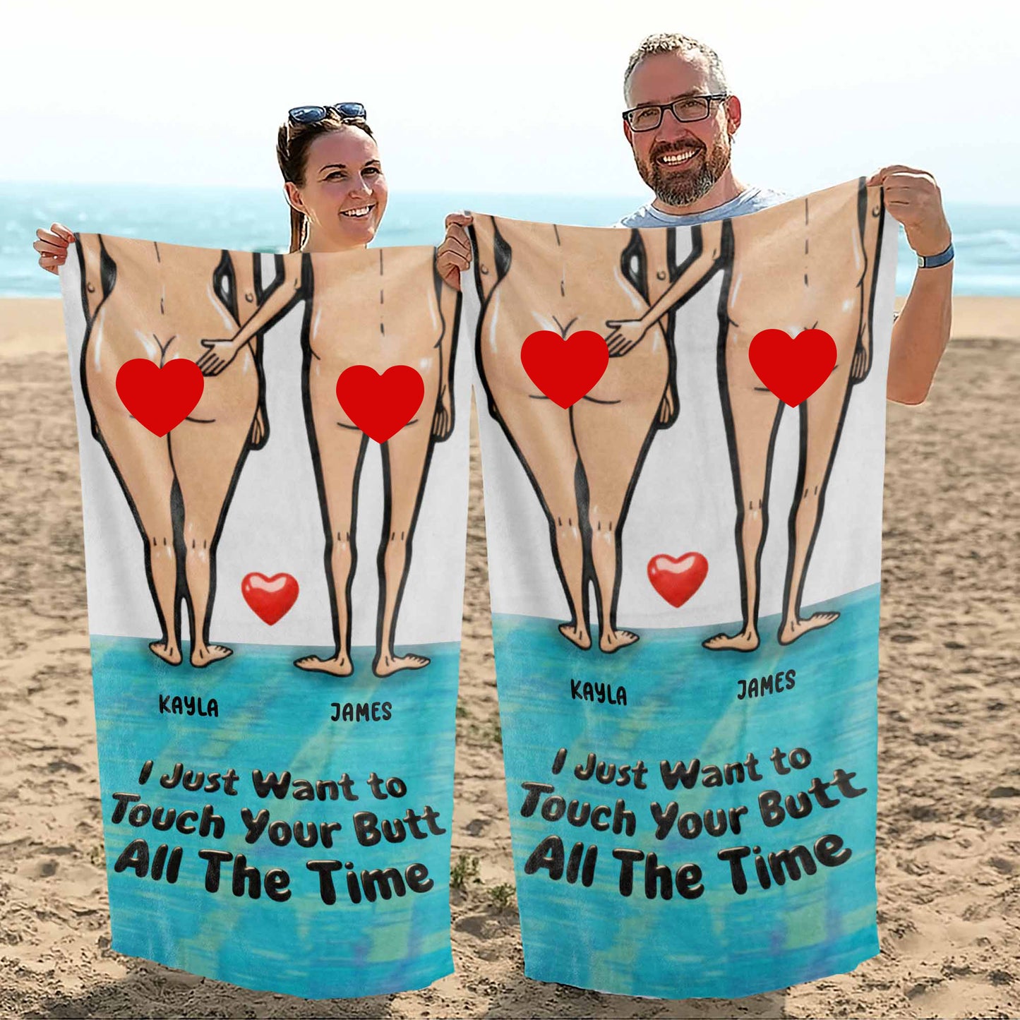I Just Want to Touch Your Butt All The Time Naked Couple Heart - Personalized Beach Towel - CPL948_BETO