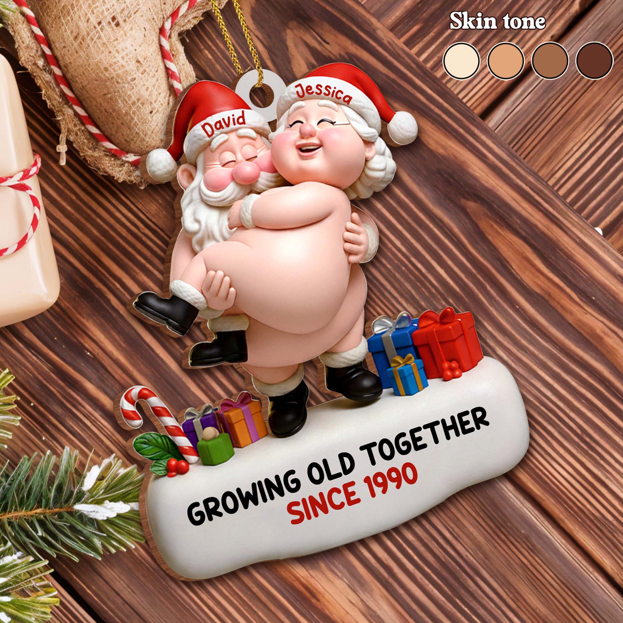 Growing Old Together, Santa Hats and Presents, Personalized Custom Wood ...