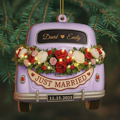 Just Married, Vintage Car With Flower Wreath