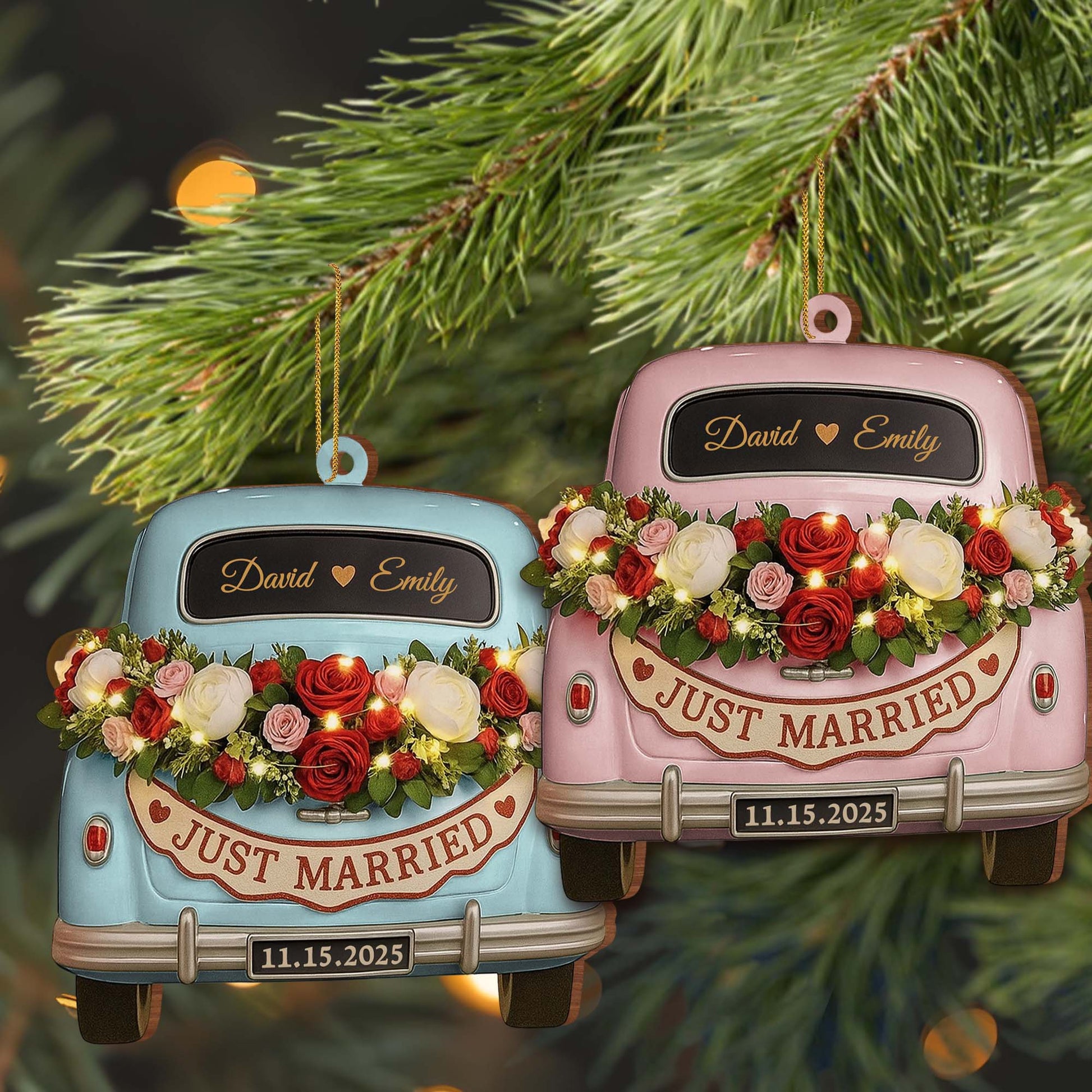 Just Married, Vintage Car With Flower Wreath