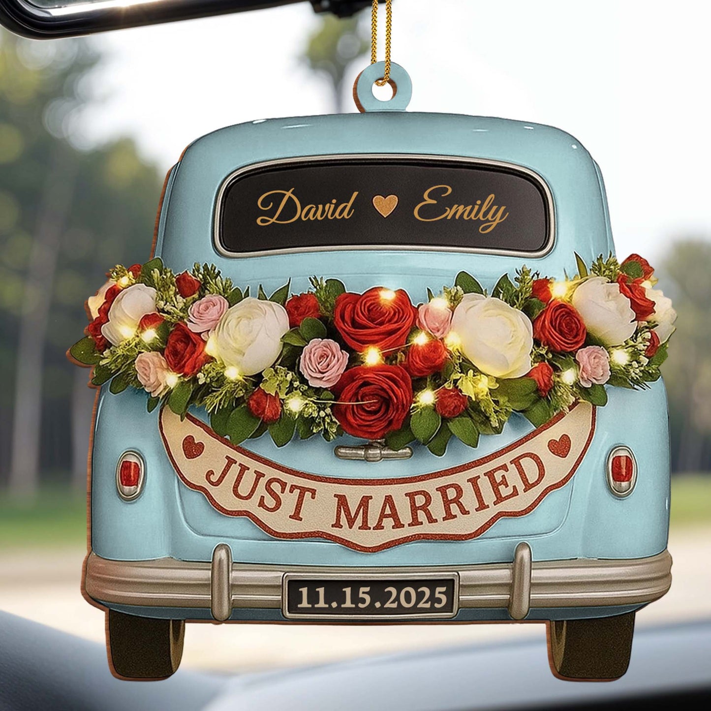 Just Married, Vintage Car With Flower Wreath