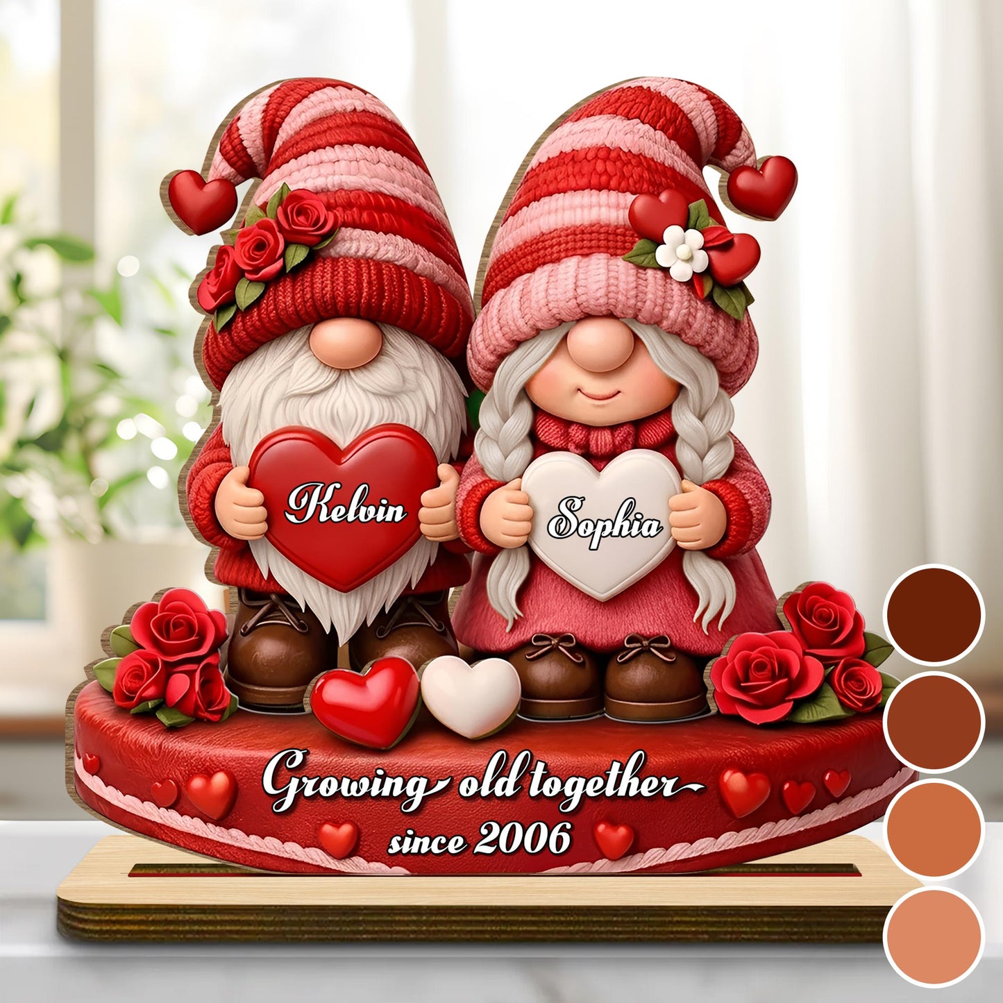Growing Old Together, Gnomes With Hearts And Roses - Personalized Custom 2-Layer Wood Plaque With Flat Base - CPL979_WPLA
