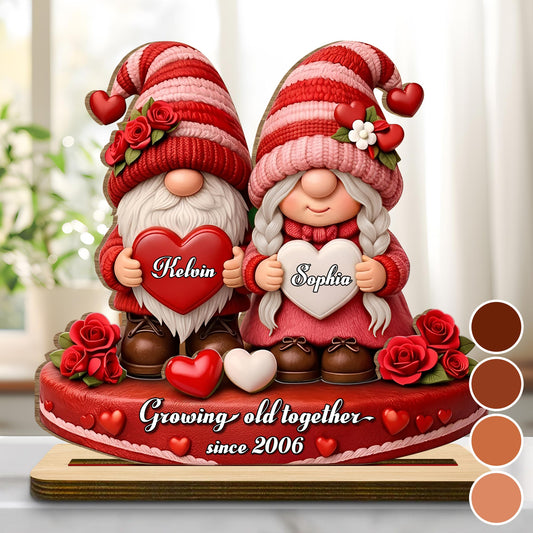 Growing Old Together, Gnomes With Hearts And Roses - Personalized Custom 2-Layer Wood Plaque With Flat Base - CPL979_WPLA