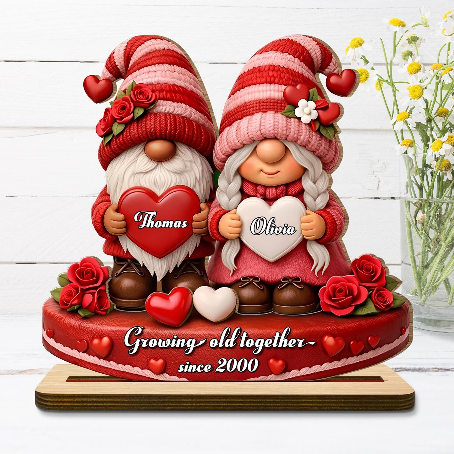 Growing Old Together, Gnomes With Hearts And Roses - Personalized Custom 2-Layer Wood Plaque With Flat Base - CPL979_WPLA