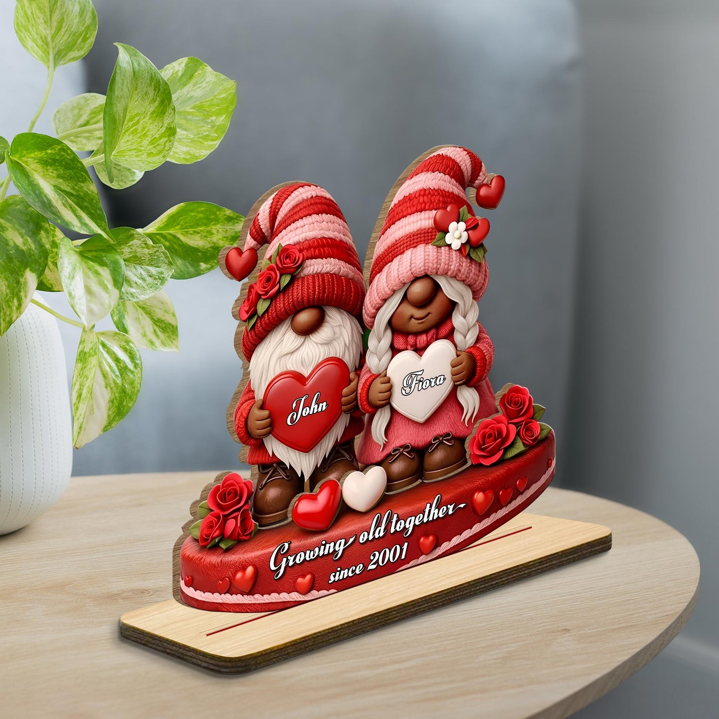 Growing Old Together, Gnomes With Hearts And Roses - Personalized Custom 2-Layer Wood Plaque With Flat Base - CPL979_WPLA