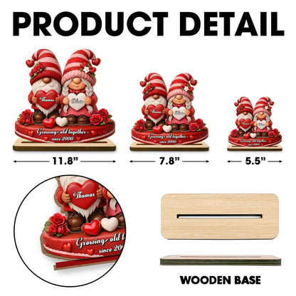 Growing Old Together, Gnomes With Hearts And Roses - Personalized Custom 2-Layer Wood Plaque With Flat Base - CPL979_WPLA